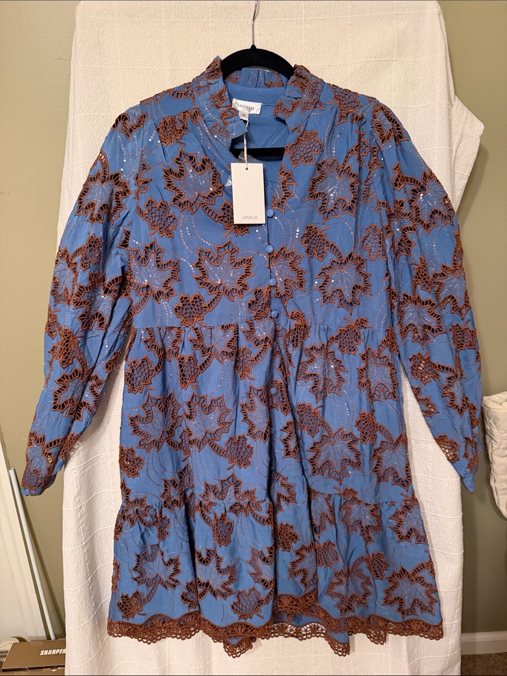 Lovelo Blue Mini Dress with Brown Floral Lace and clear Sequins